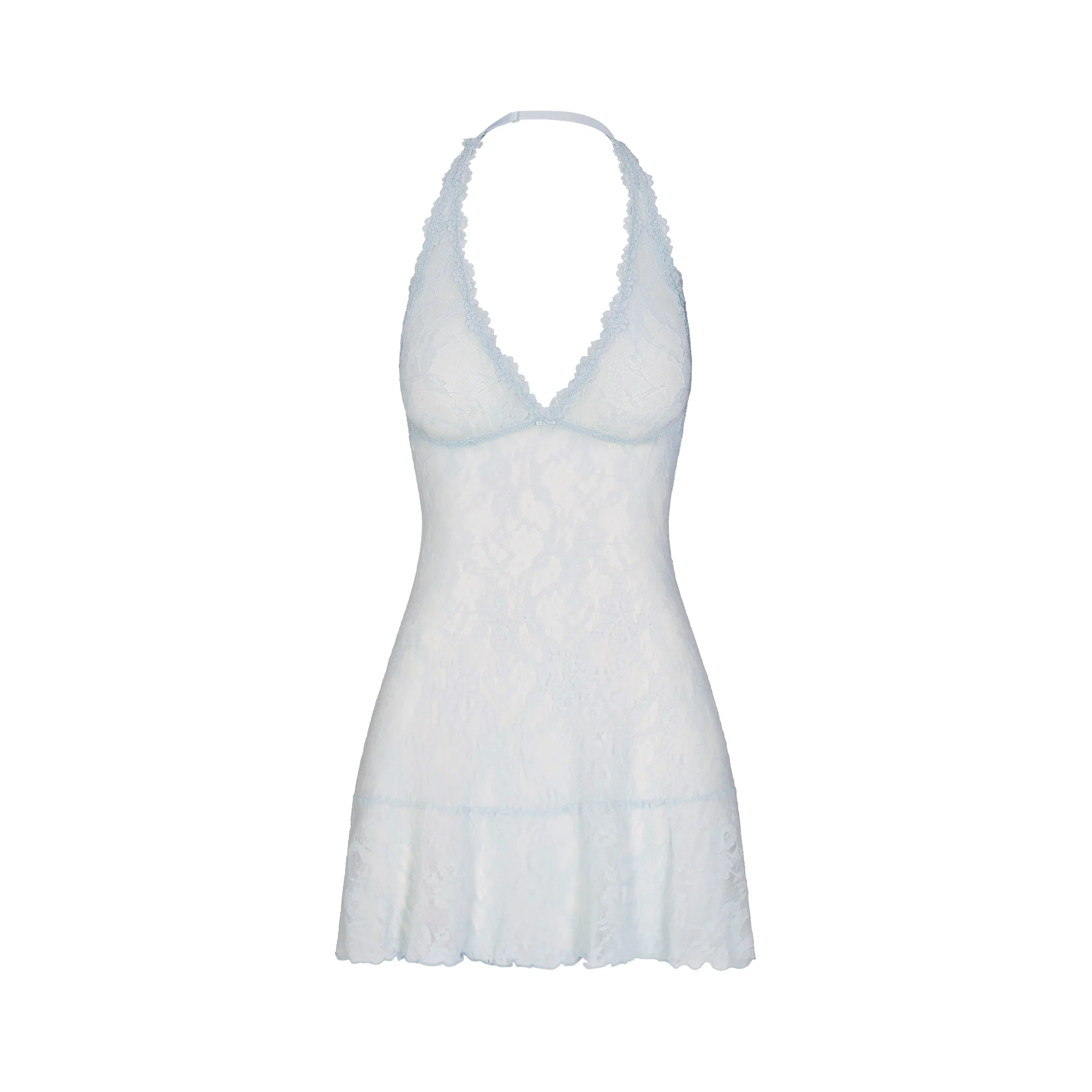 STRETCH LACE HALTER MINI DRESS | POWDER BLUE