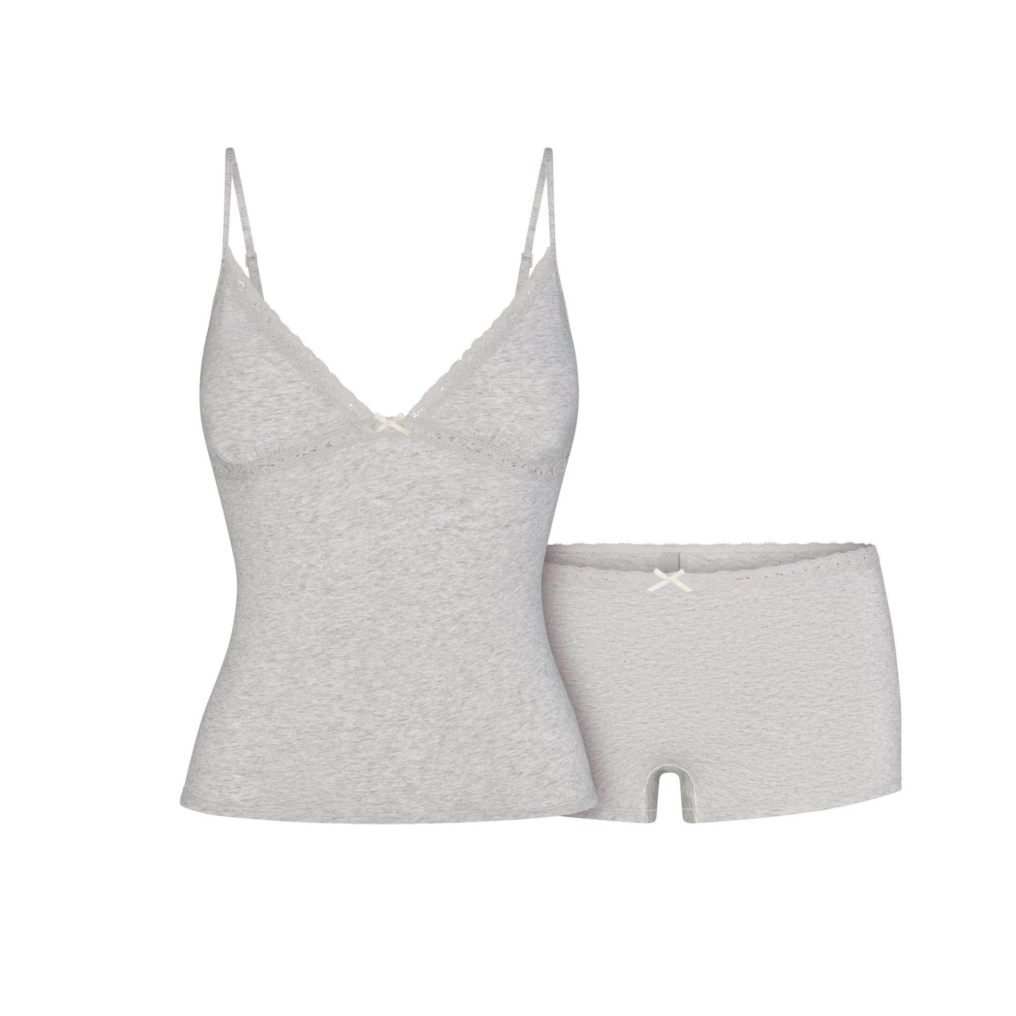 LIGHTWEIGHT COTTON LACE CAMI AND BOY SHORT SET | LIGHT HEATHER GREY