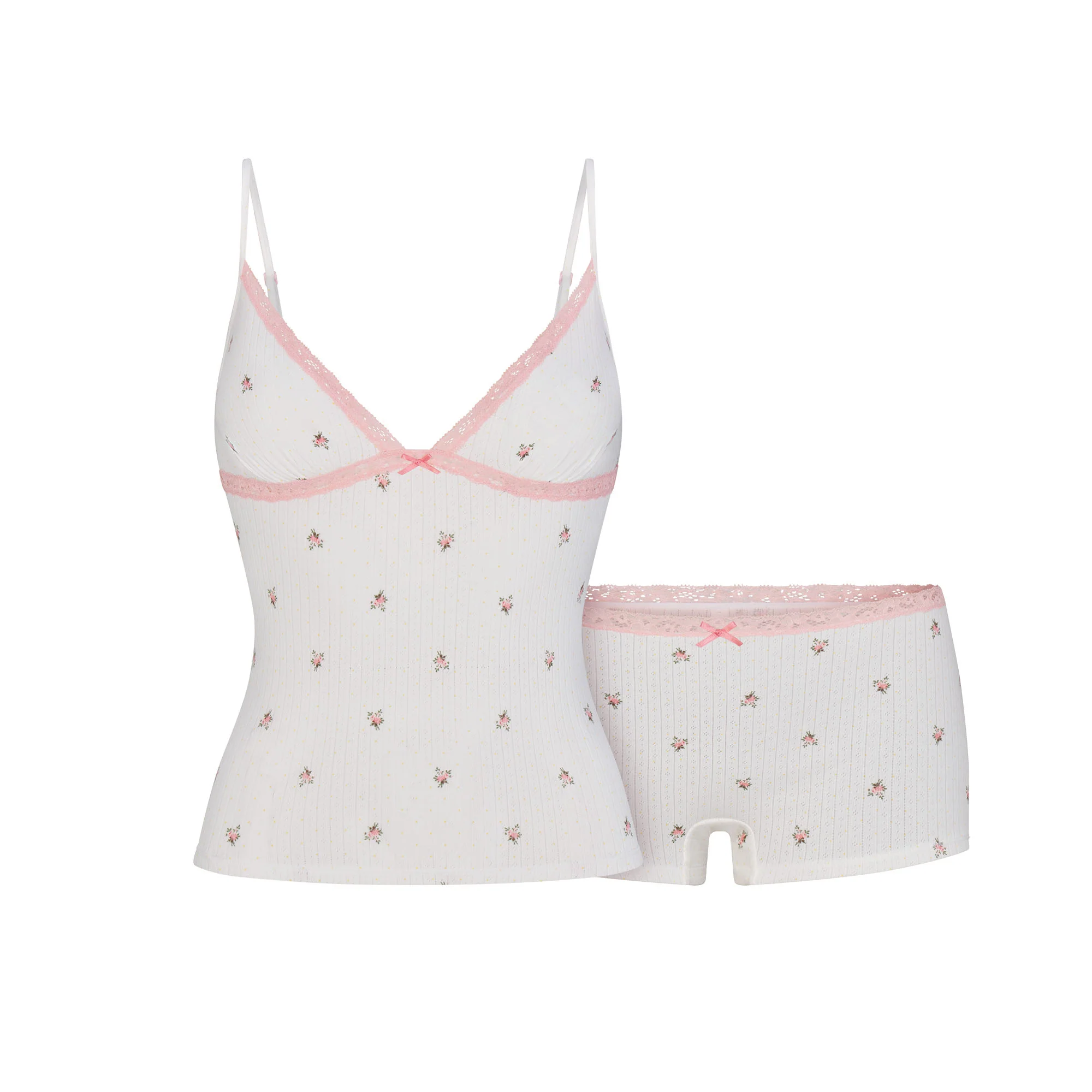 LIGHTWEIGHT COTTON POINTELLE LACE CAMI AND BOY SHORT SET | SNOW MICRO DOT FLORAL