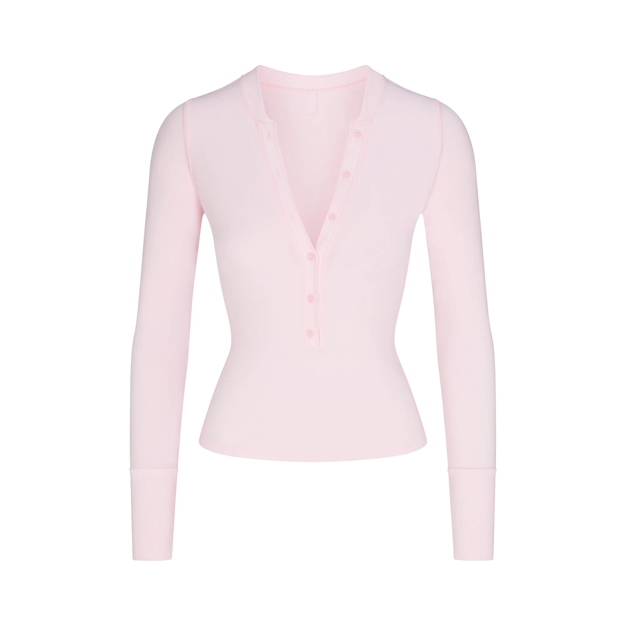 COTTON JERSEY HENLEY LONG SLEEVE T-SHIRT | CHERRY BLOSSOM