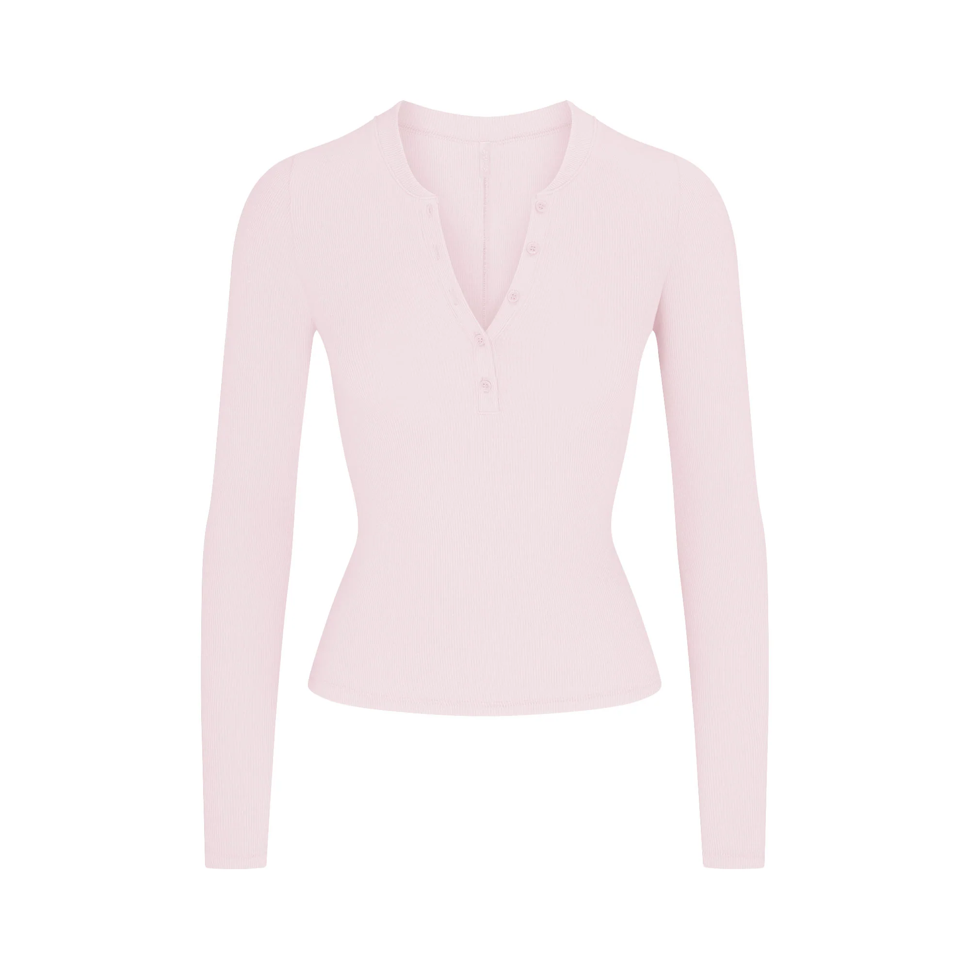 COTTON RIB HENLEY LONG SLEEVE T-SHIRT | CHERRY BLOSSOM